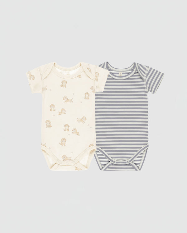 Quincy Mae Short Sleeve Bodysuit 2-Pack in Puppies/Sky Micro Stripe