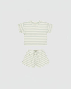 Quincy Mae Waffle Tee + Short Set in Mint Stripe