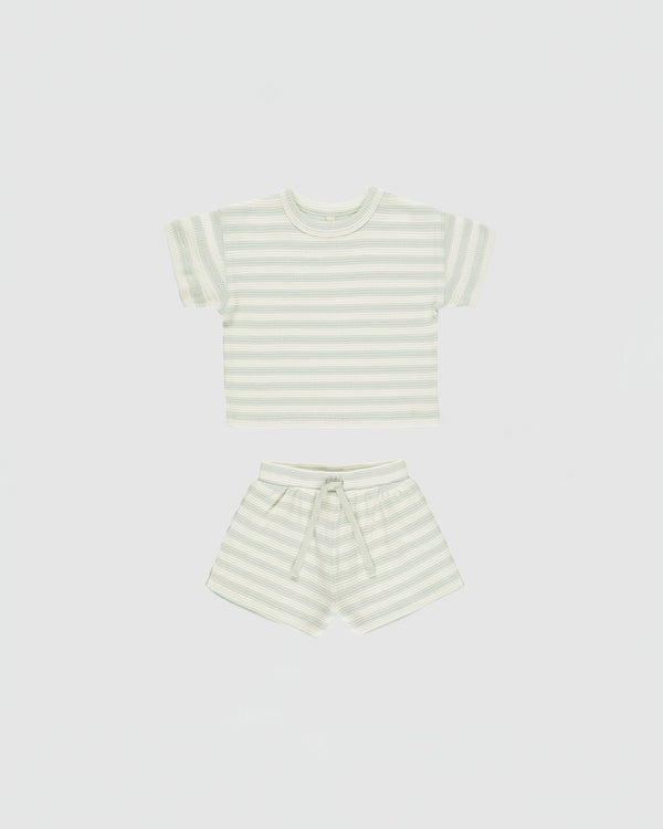 Quincy Mae Waffle Tee + Short Set in Mint Stripe