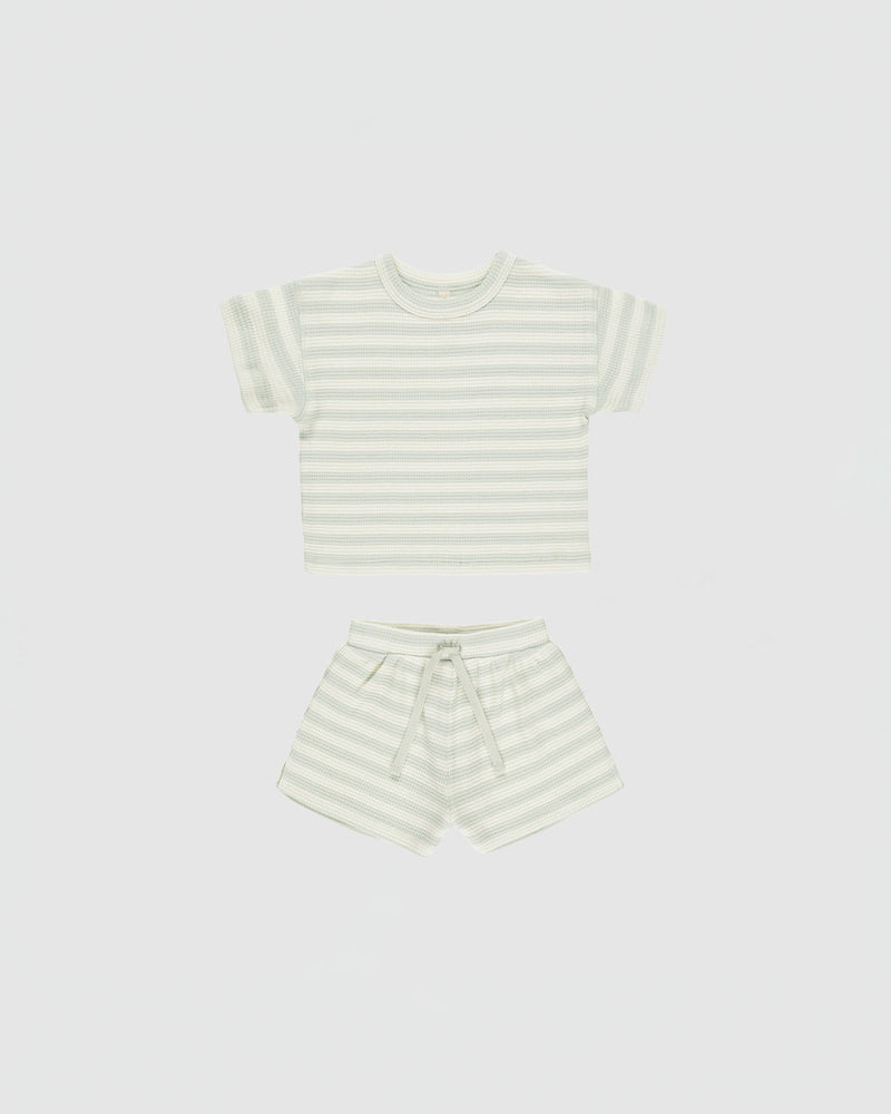 Quincy Mae Waffle Tee + Short Set in Mint Stripe