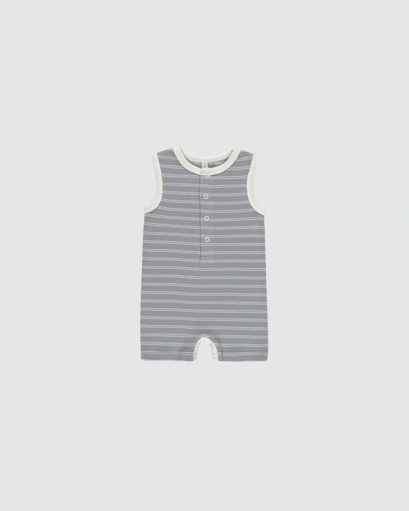 Quincy Mae Ribbed Henley Romper in Blue Pinstripe