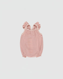 Quincy Mae Ribbed Ruffle Romper in Pink Stripe