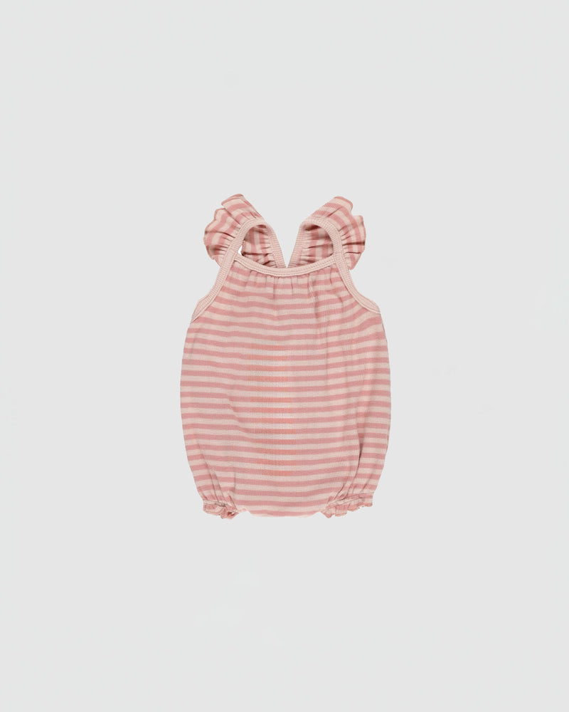 Quincy Mae Ribbed Ruffle Romper in Pink Stripe