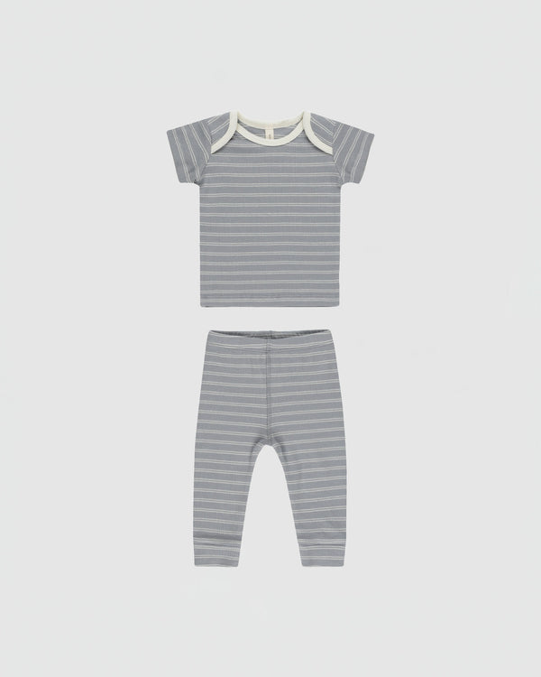 Quincy Mae Ribbed Short Sleeve Tee + Legging Set in Blue Pinstripe