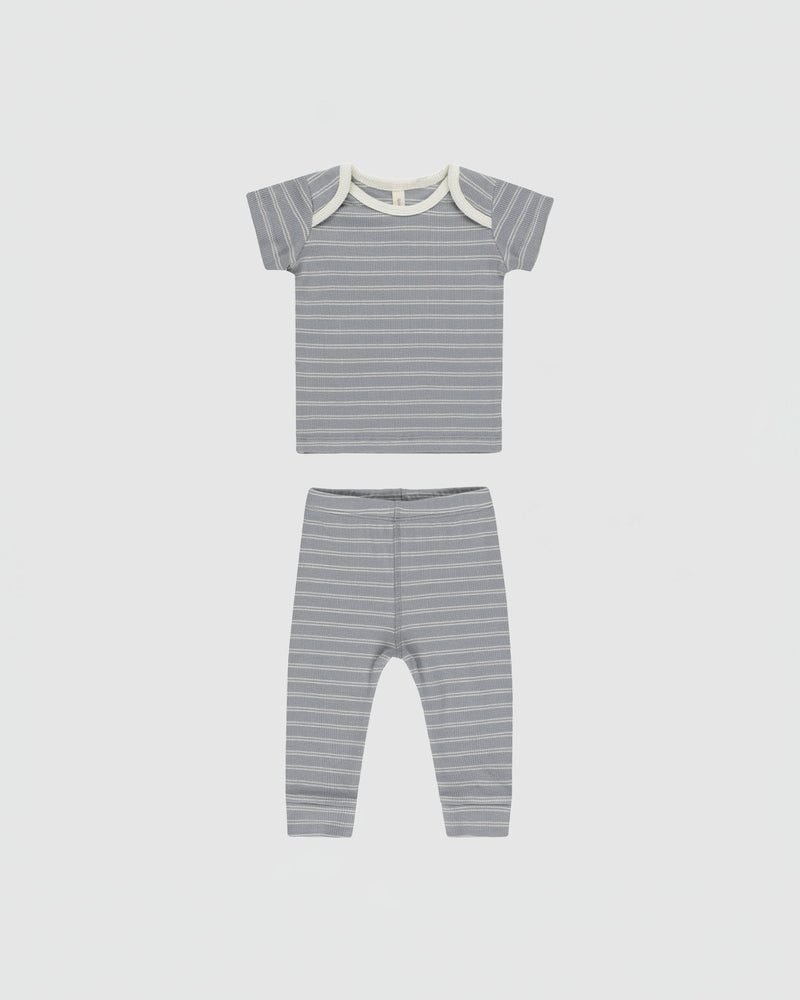 Quincy Mae Ribbed Short Sleeve Tee + Legging Set in Blue Pinstripe