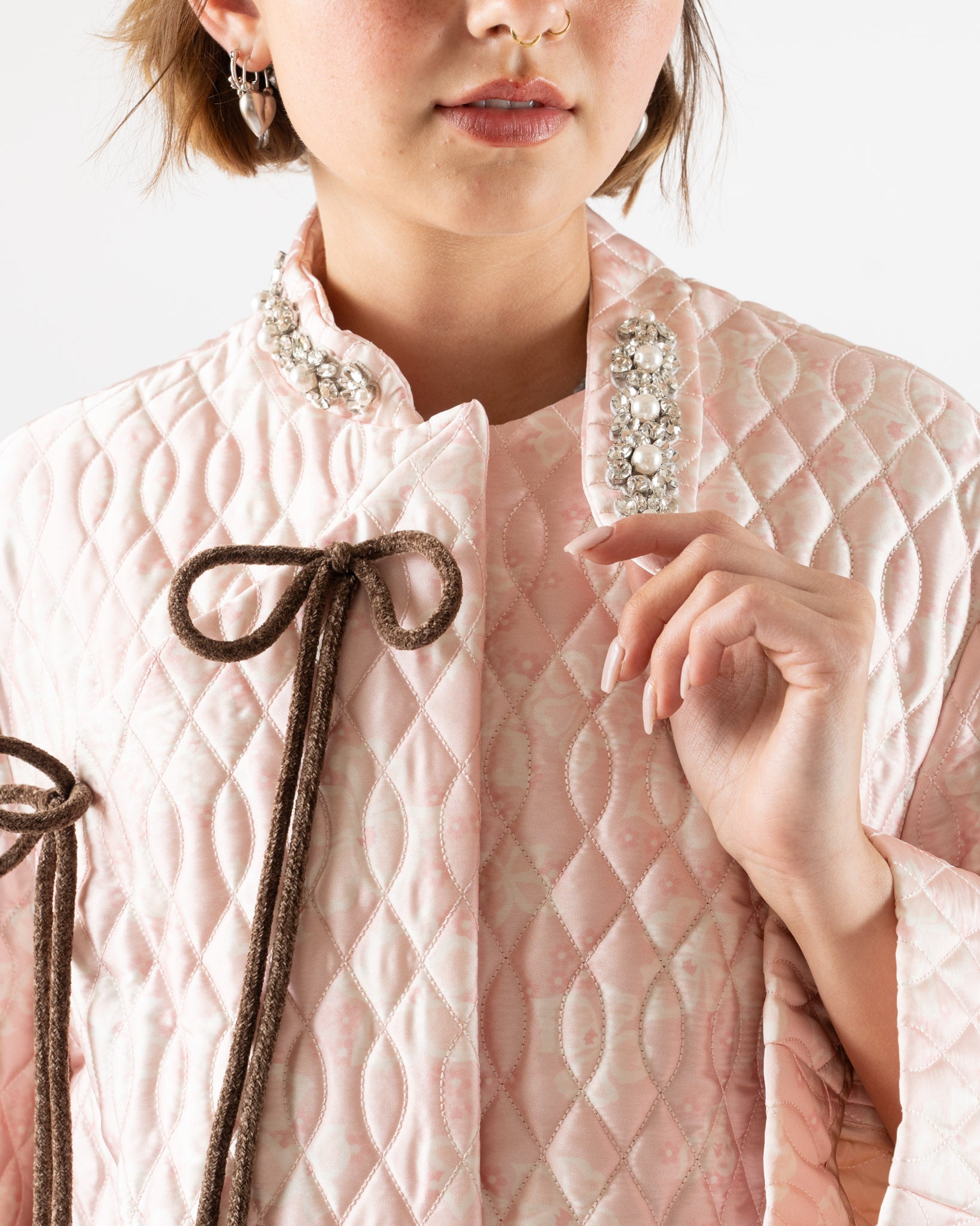 Simone Rocha Quilted Offset Fragment Collar Jacket in Pink/Brown/Pearl/Clear