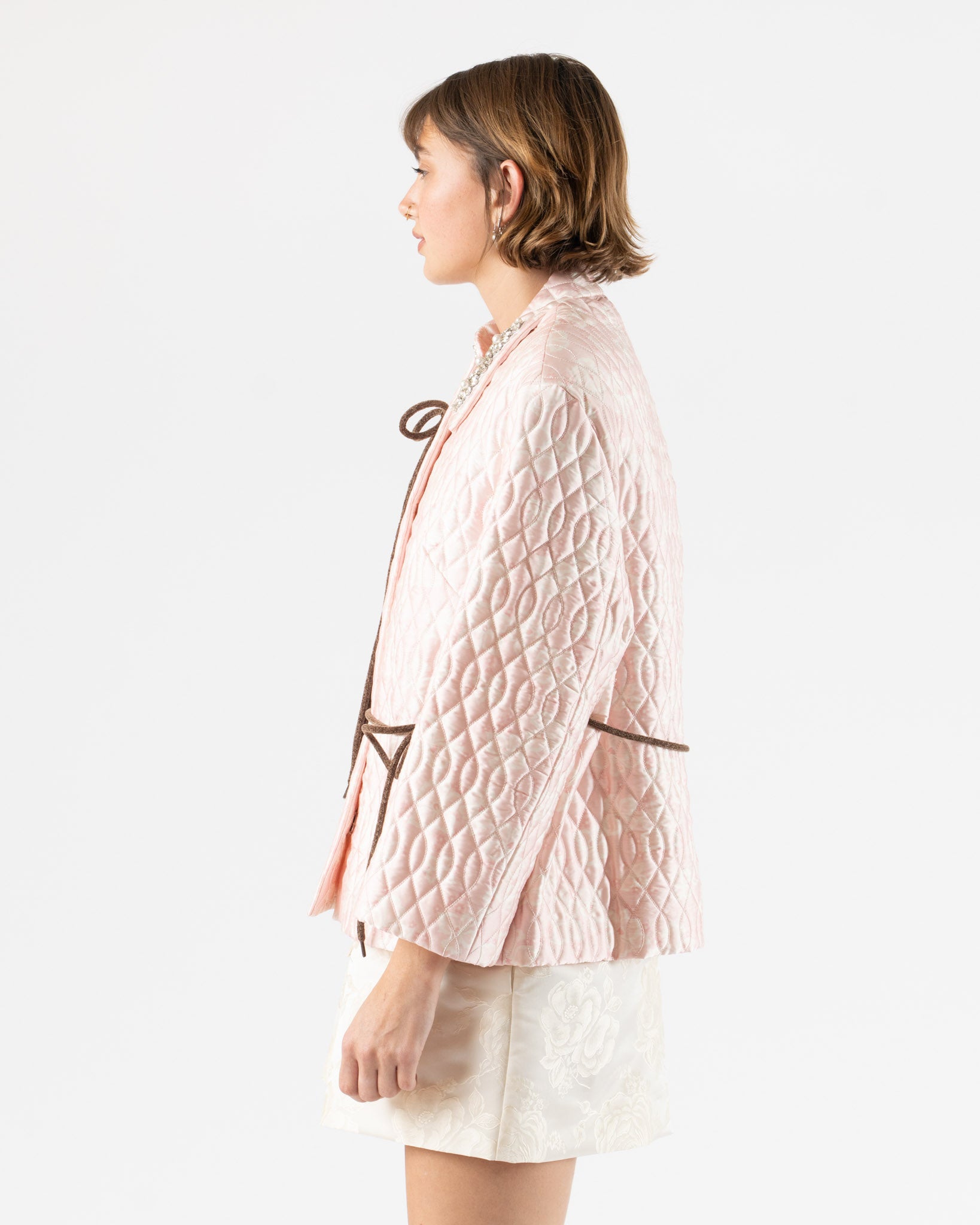 Simone Rocha Quilted Offset Fragment Collar Jacket in Pink/Brown/Pearl/Clear