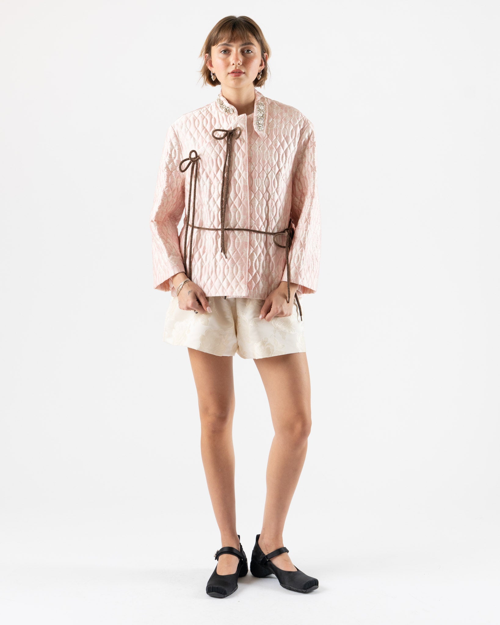 Simone Rocha Quilted Offset Fragment Collar Jacket in Pink/Brown/Pearl/Clear