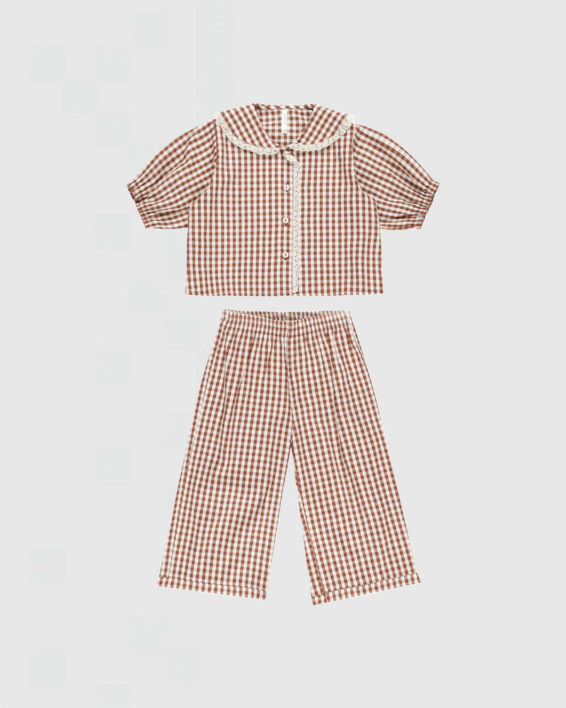 Rylee + Cru Ruffle Pajamas in Brick Gingham