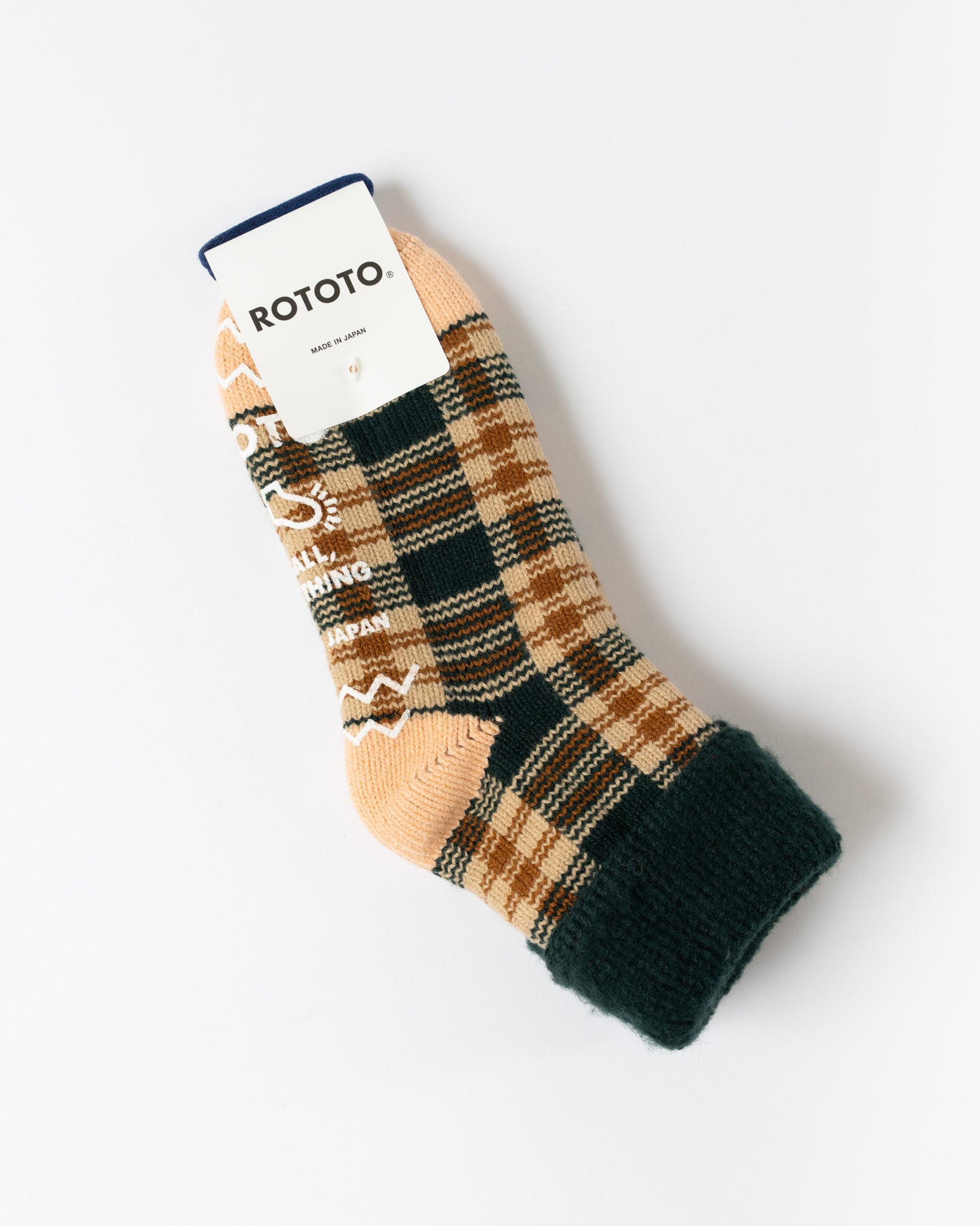 ROTOTO 1625 Comfy Room Check Socks in Forest Green/Beige