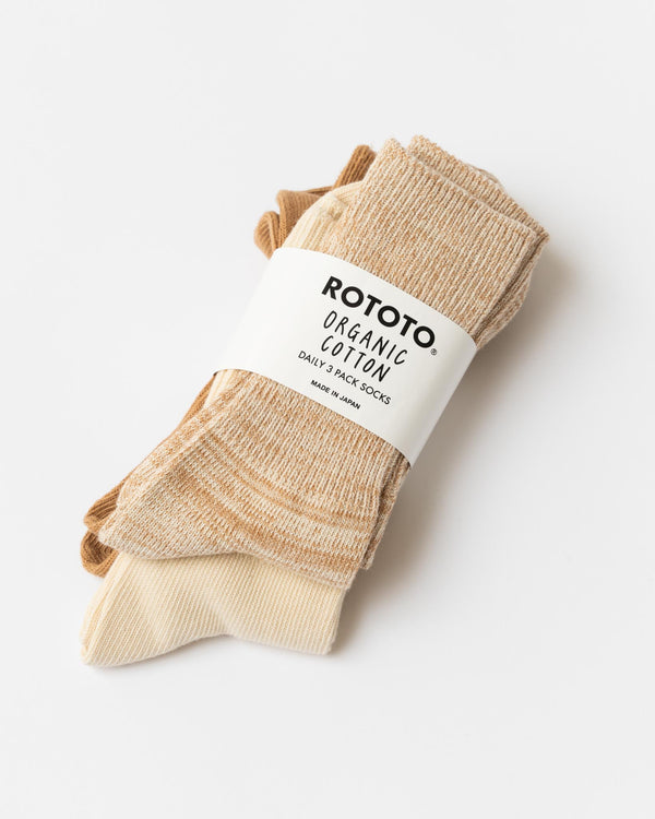 RoToTo 1427 Ribbed Crew Socks 3-Pack in Ecru/Brown