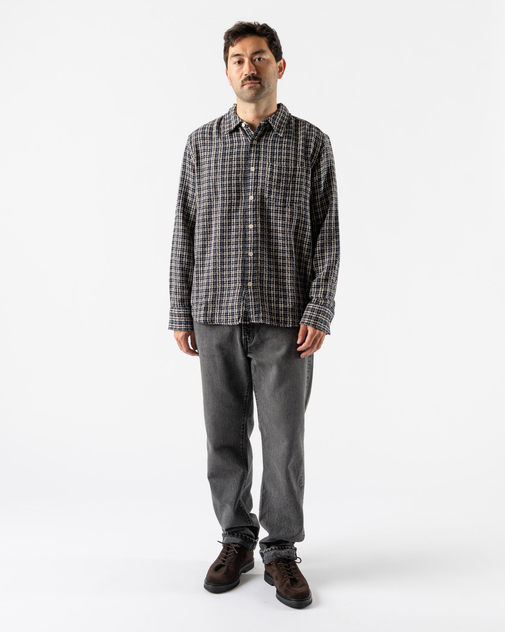 Corridor Reverse Tweed Snow Check Shirt in Blue