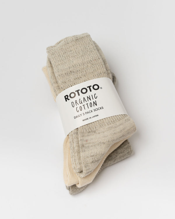 ROTOTO Organic Daily 3 Pack Ribbed Crew Socks in Ecru/Gray