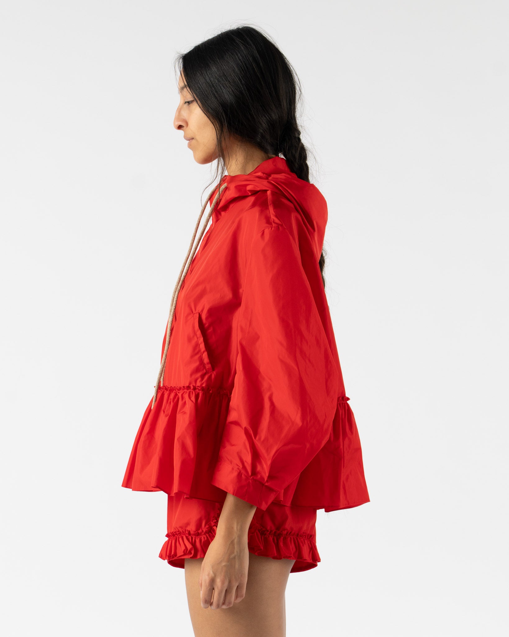 Simone Rocha Ruffle Frill Peplum Jacket in Red/Taupe Tech Nylon