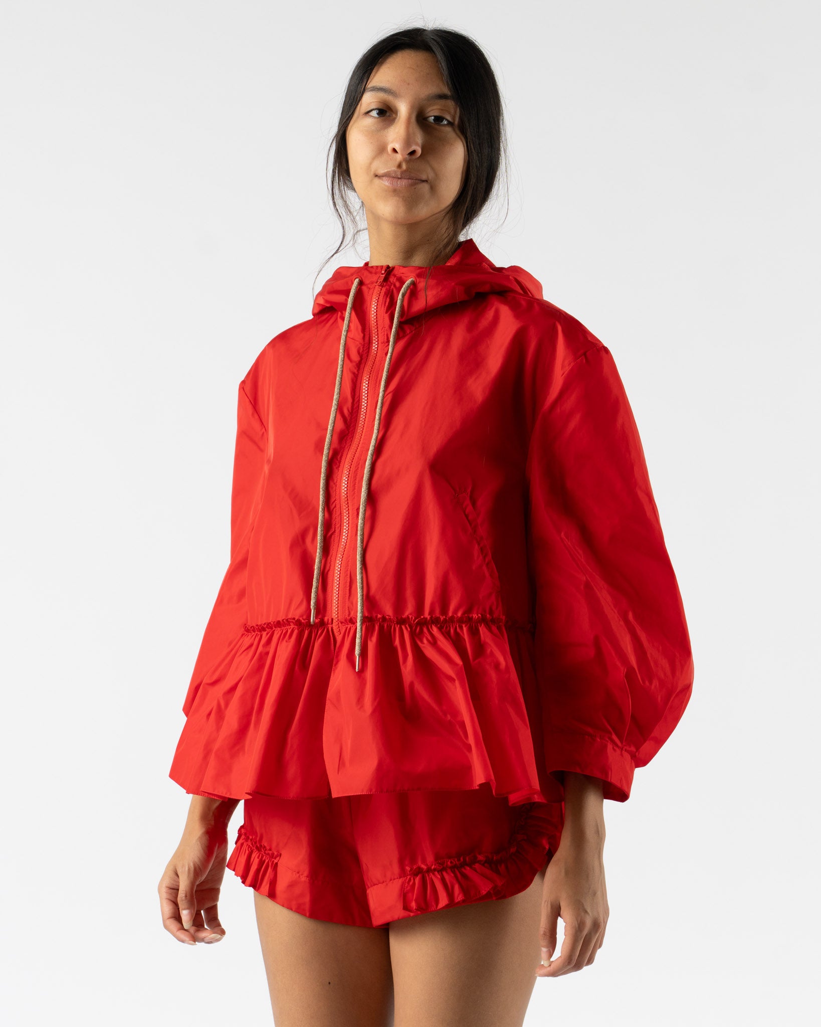 Simone Rocha Ruffle Frill Peplum Jacket in Red/Taupe Tech Nylon