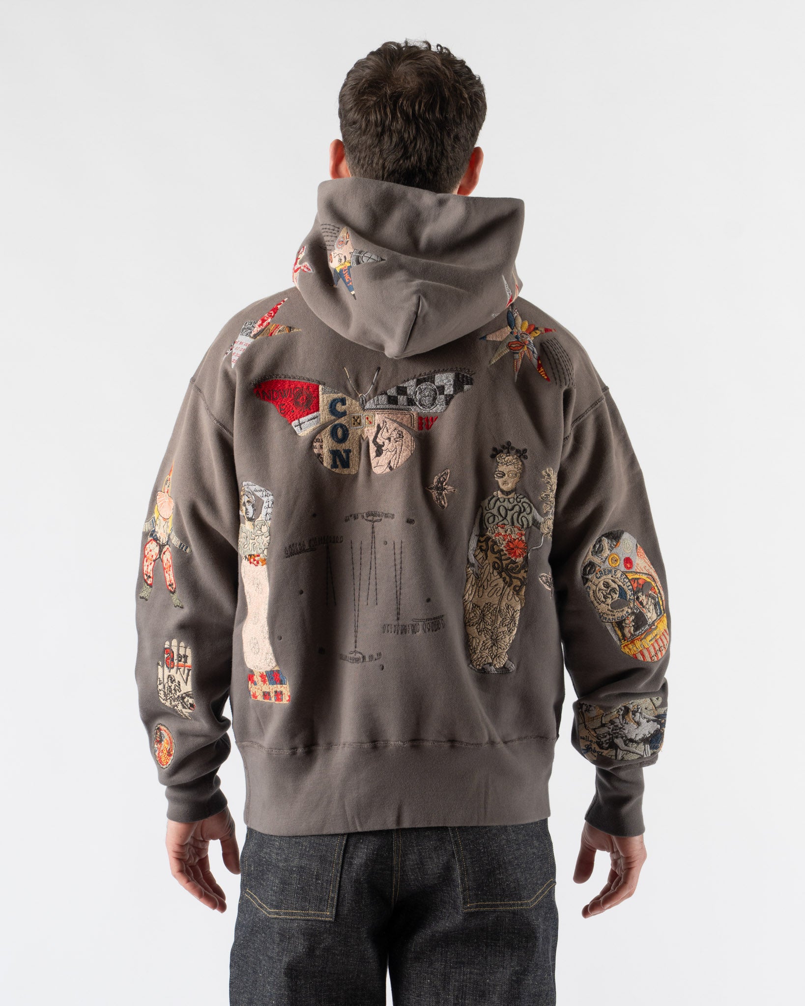 私*ん様 2000s Thumbhole high-neck hoodie Samuel Zelig Collage Hoodie in Dark Taupe Curated at Jake and Jones