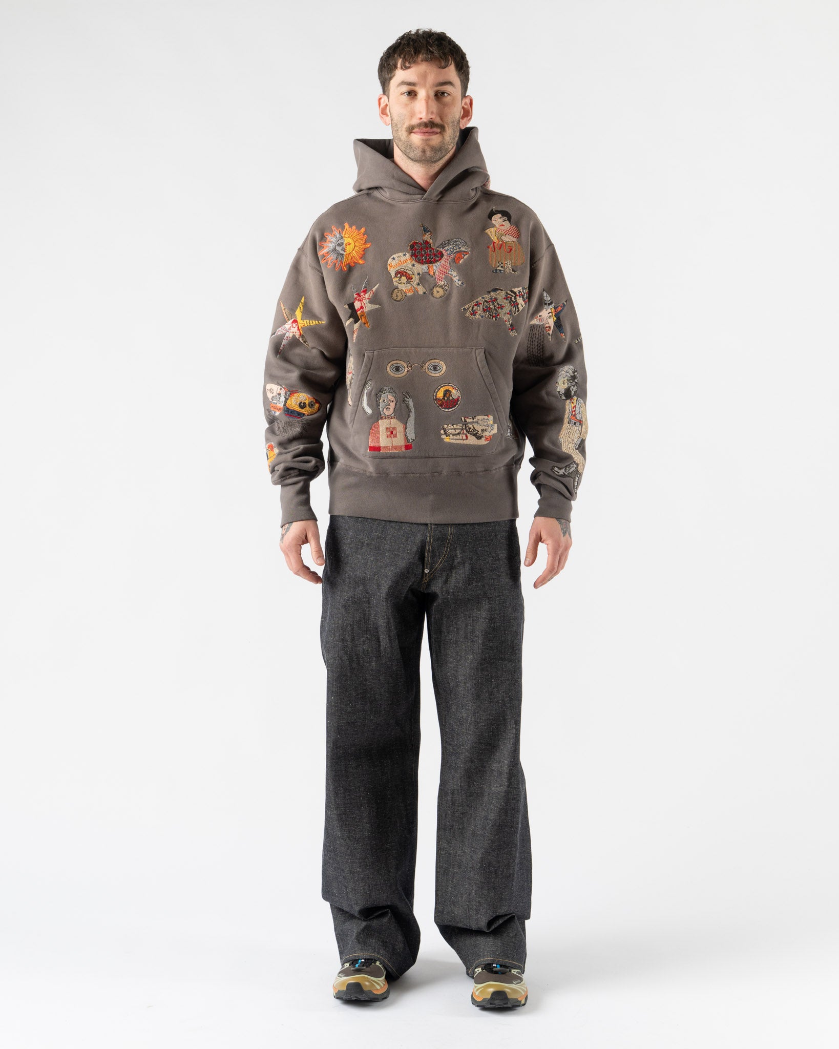 Samuel Zelig Collage Hoodie in Dark Taupe Curated at Jake and Jones