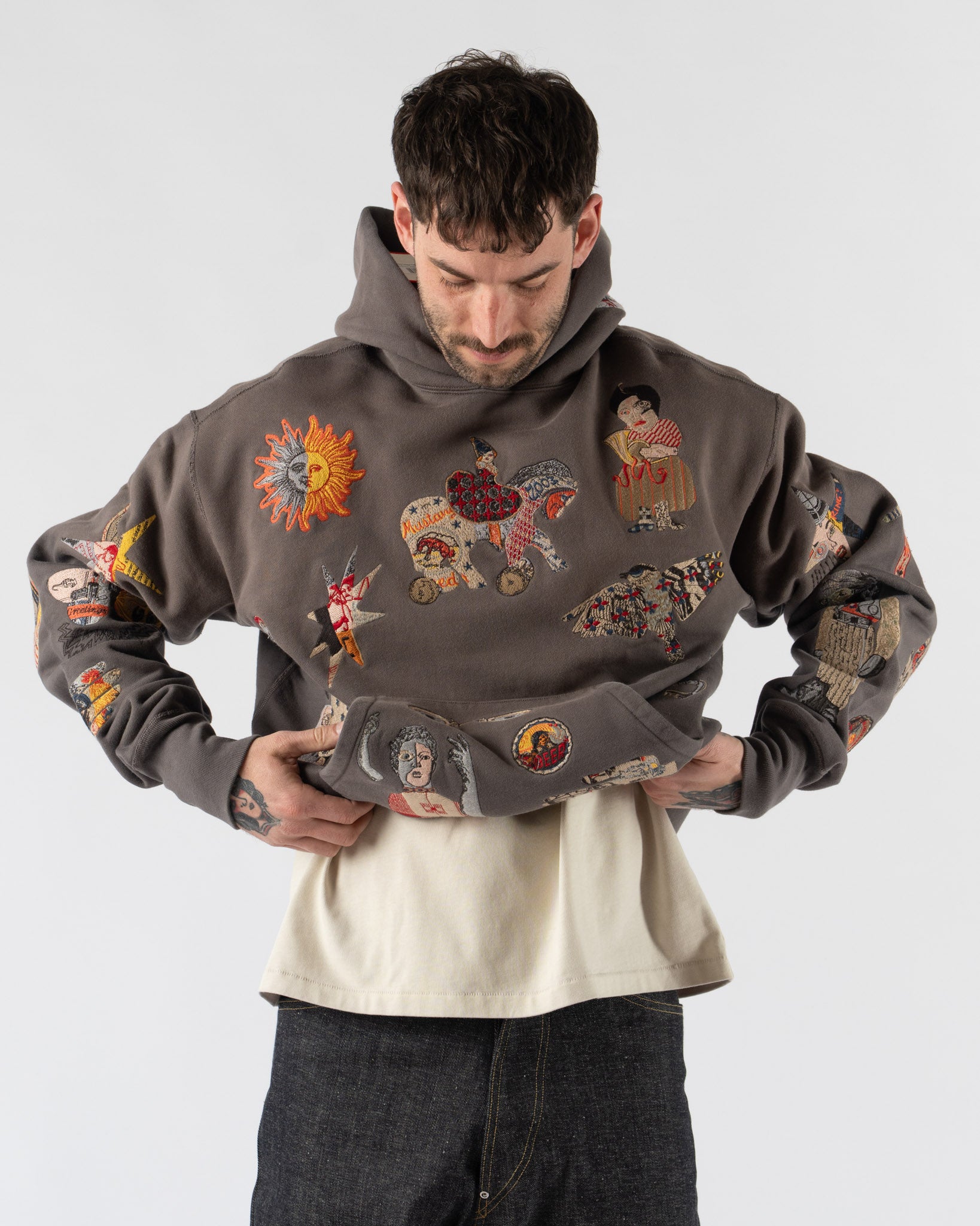 Samuel Zelig Collage Hoodie in Dark Taupe Curated at Jake and Jones