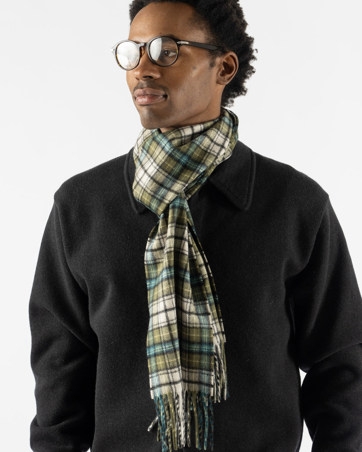 Auralee Cashmere Check Long Stole in Moss Green Check