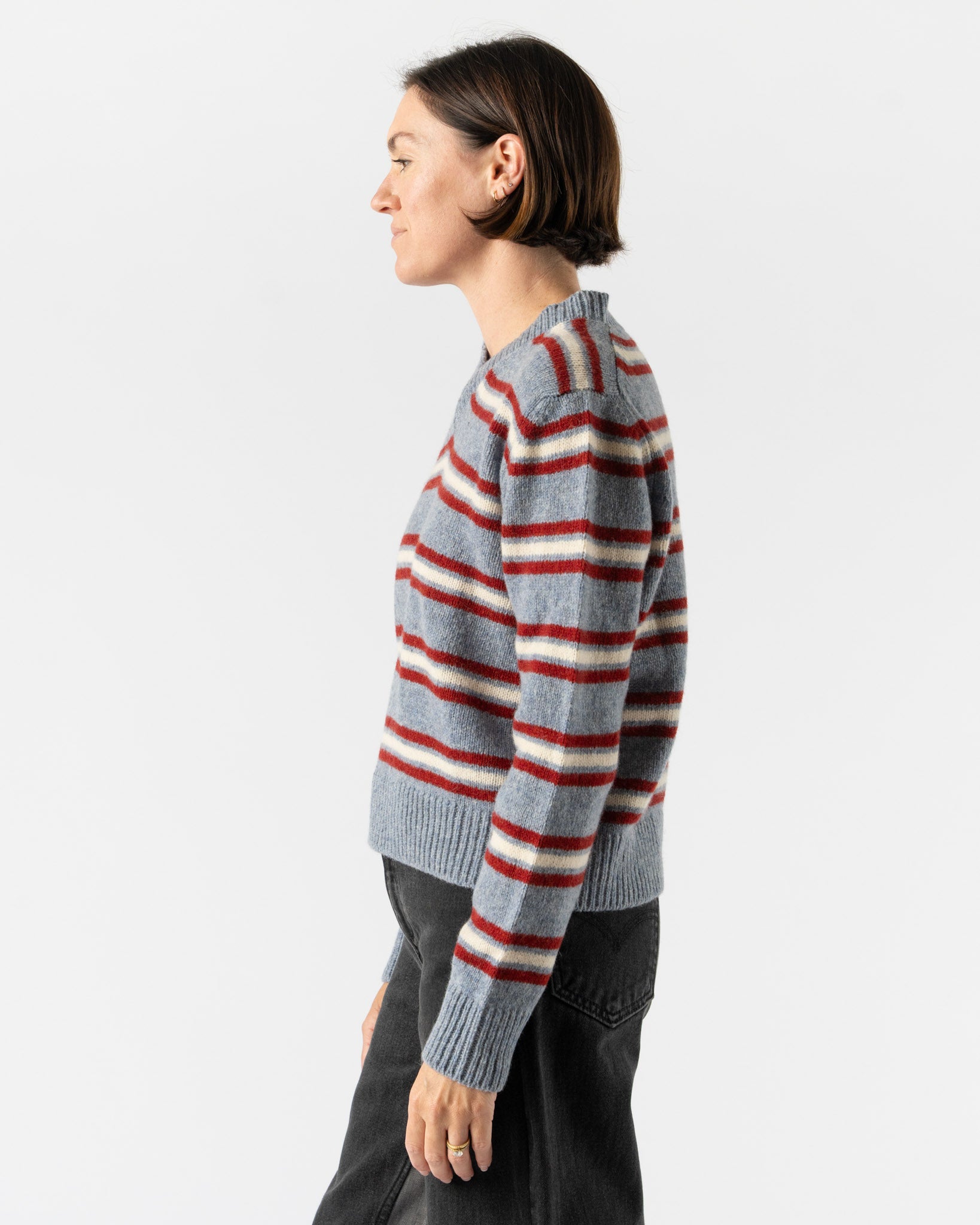&Daughter Shetland Stripe V-Neck in Pale Blue, Burgundy & Ecru