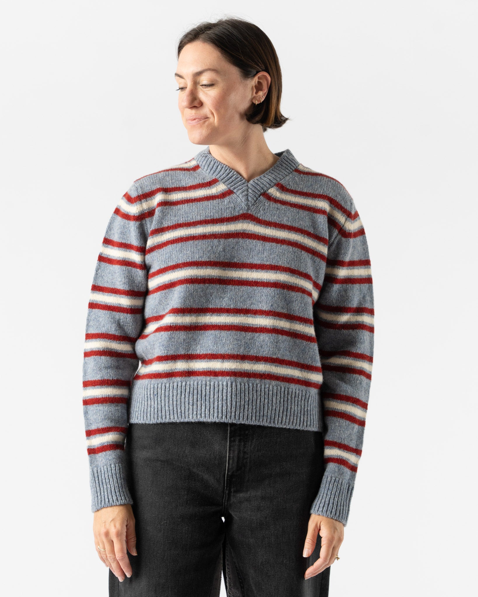 &Daughter Shetland Stripe V-Neck in Pale Blue, Burgundy & Ecru