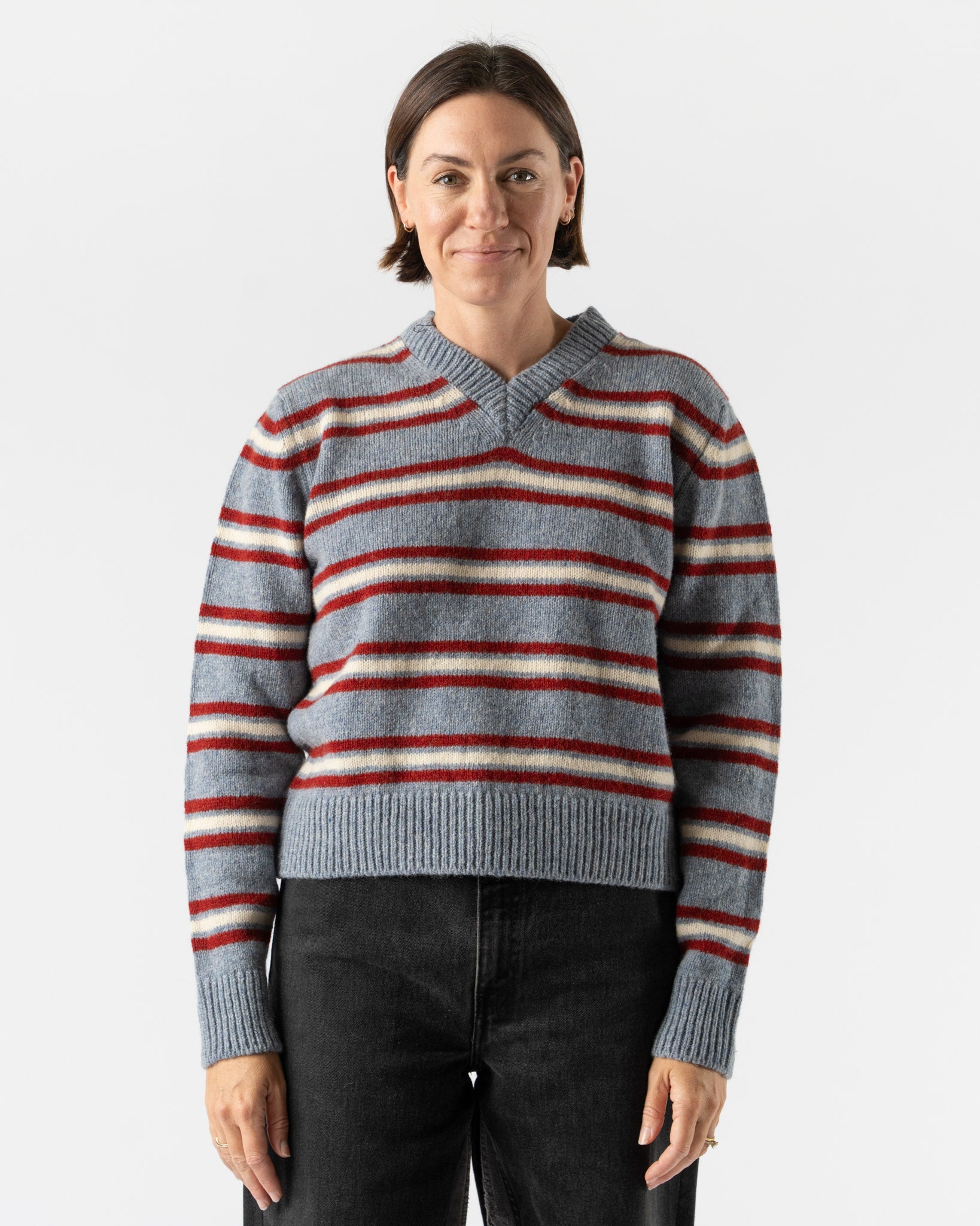 &Daughter Shetland Stripe V-Neck in Pale Blue, Burgundy & Ecru