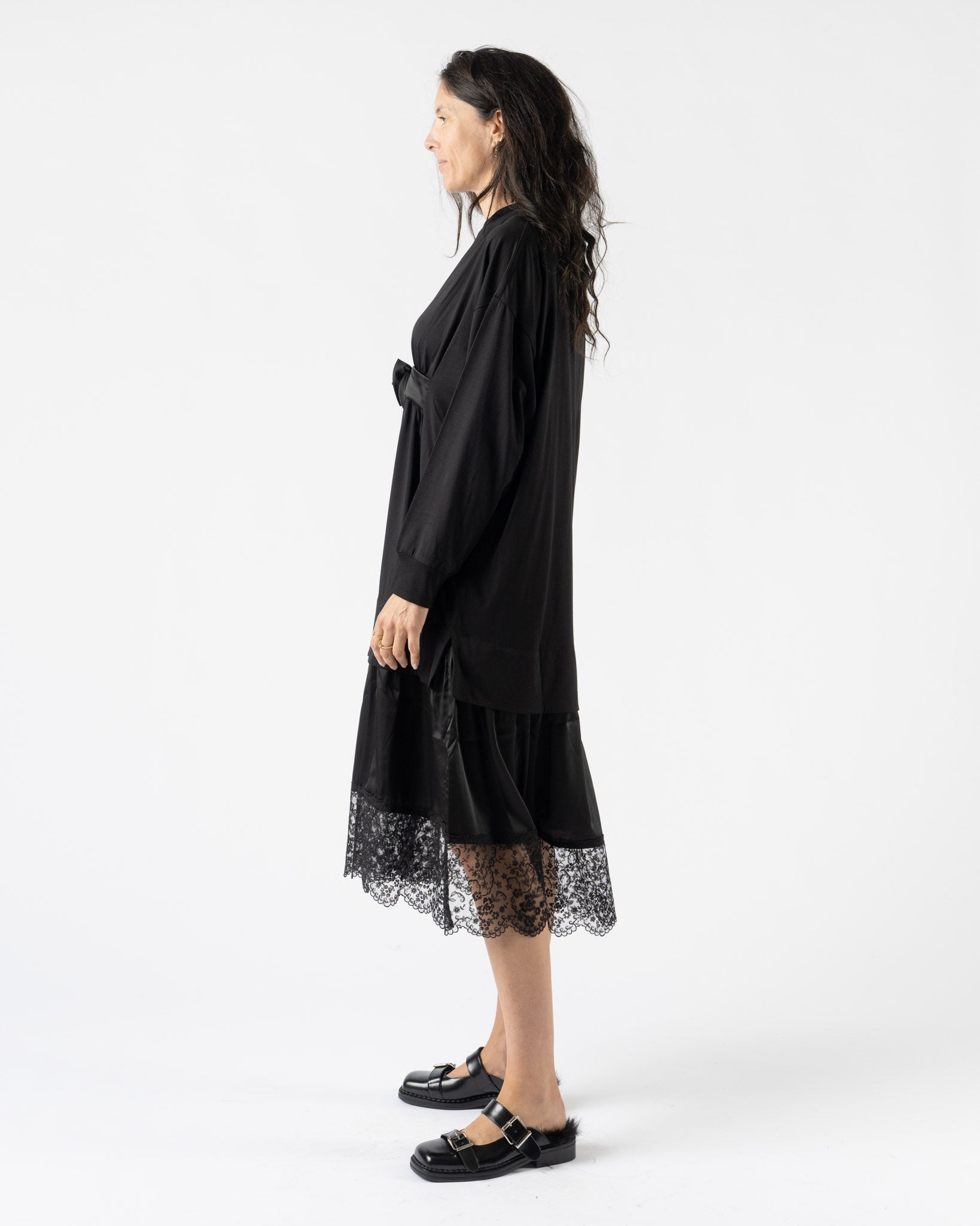 Simone Rocha Oversized Gathered Rose Lace Trim Dress in Black