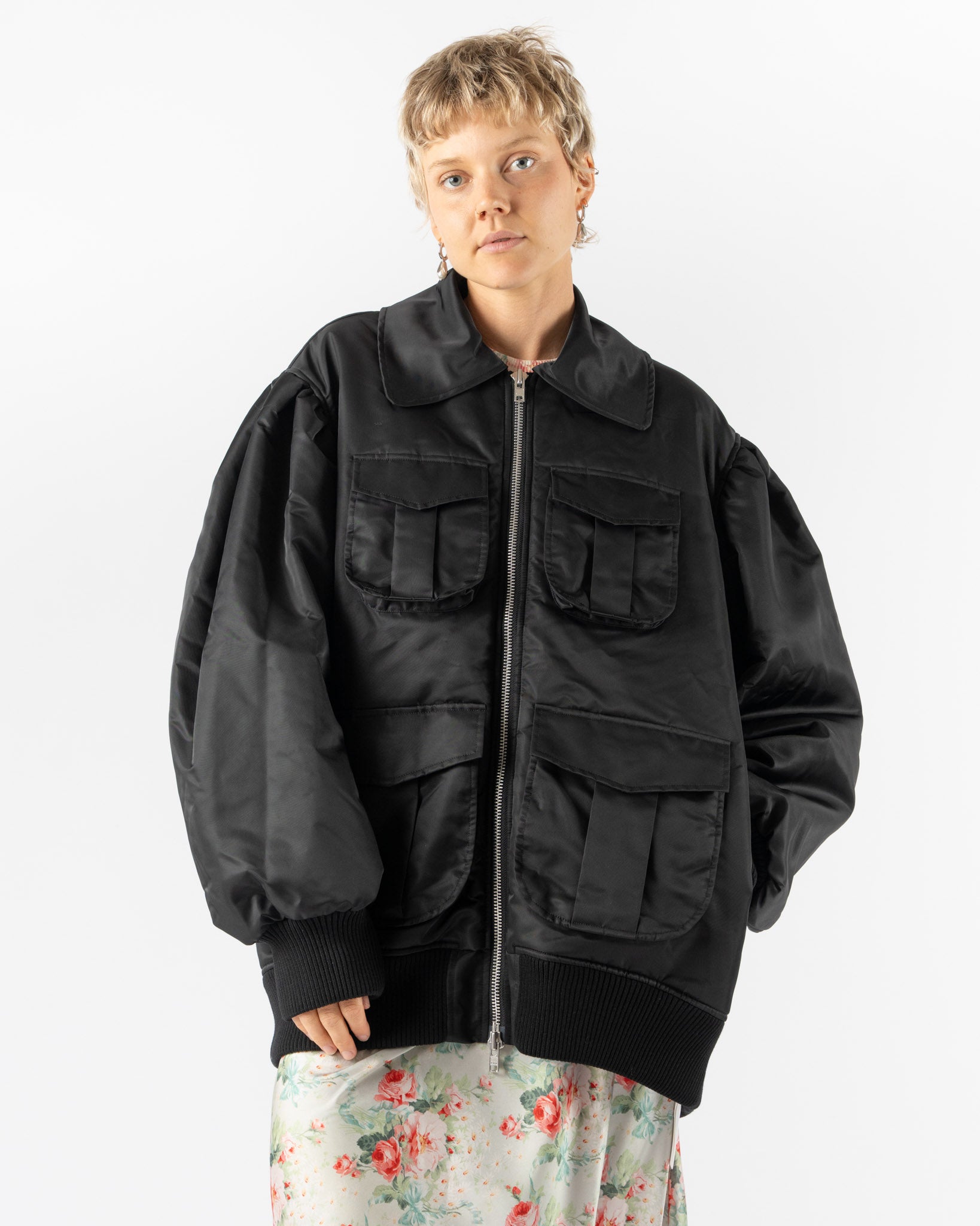 Simone Rocha Puff Sleeve Multi Bomber Satin Jacket in Black