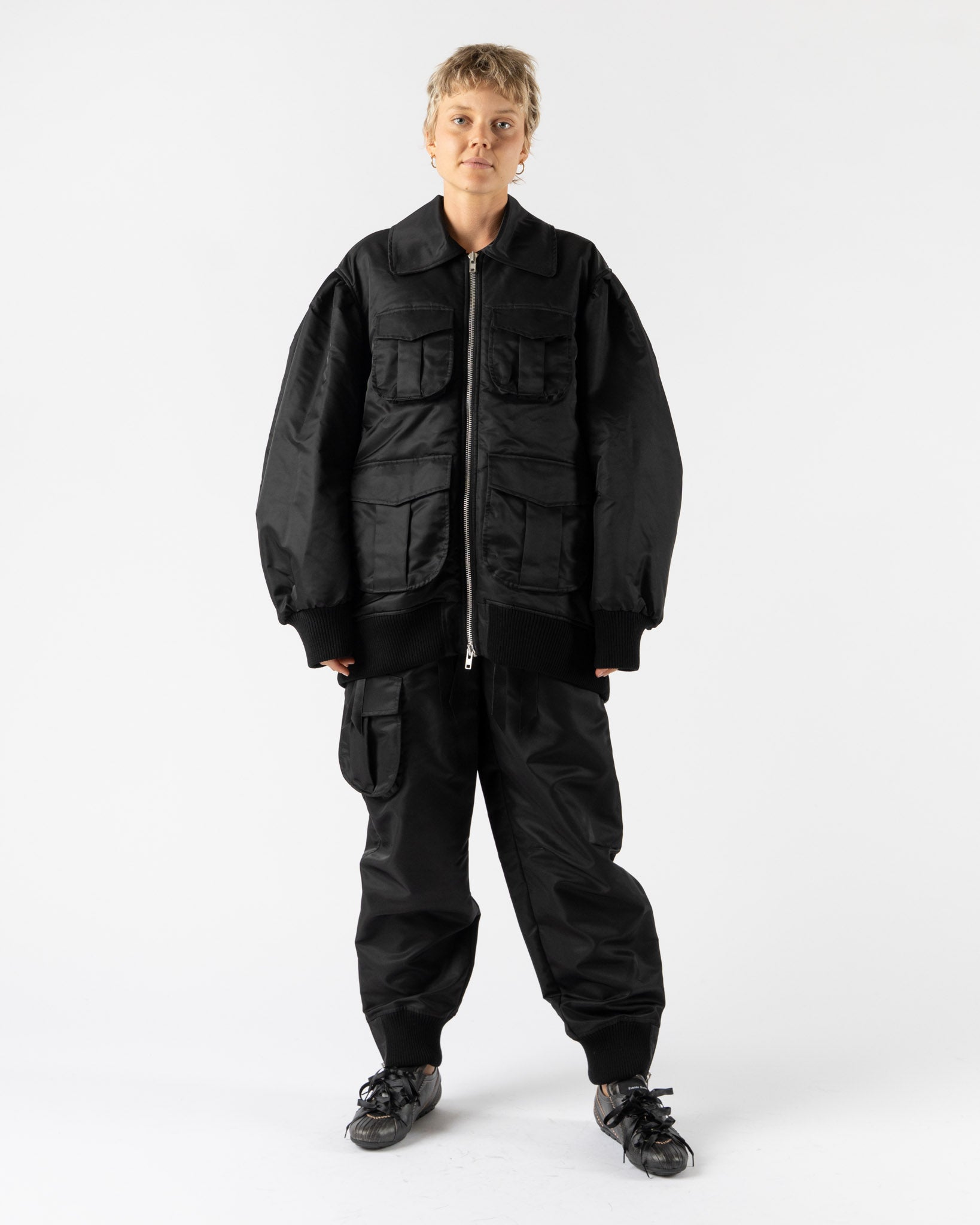 Simone Rocha Puff Sleeve Multi Bomber Satin Jacket in Black