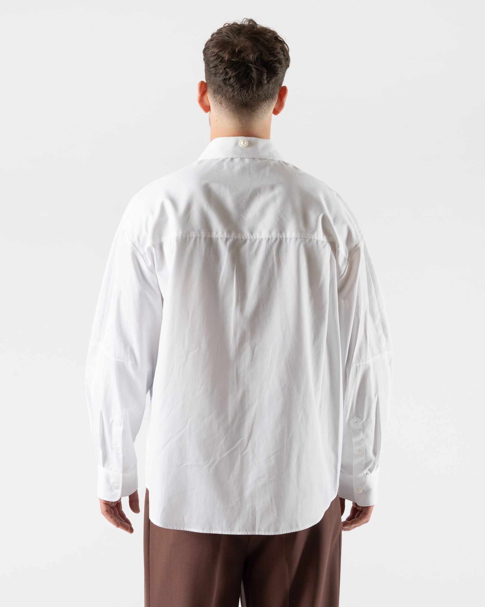 Simone Rocha Relaxed Patchwork Egg Shirt in White/Blue Stripe