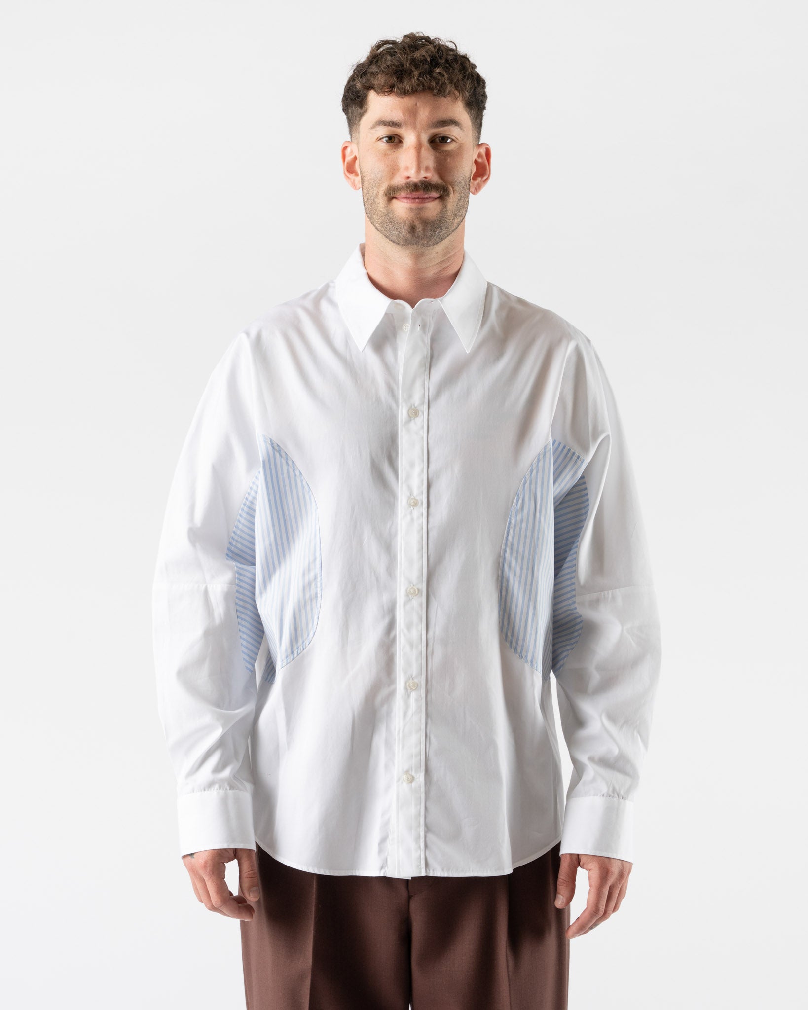 Simone Rocha Relaxed Patchwork Egg Shirt in White/Blue Stripe