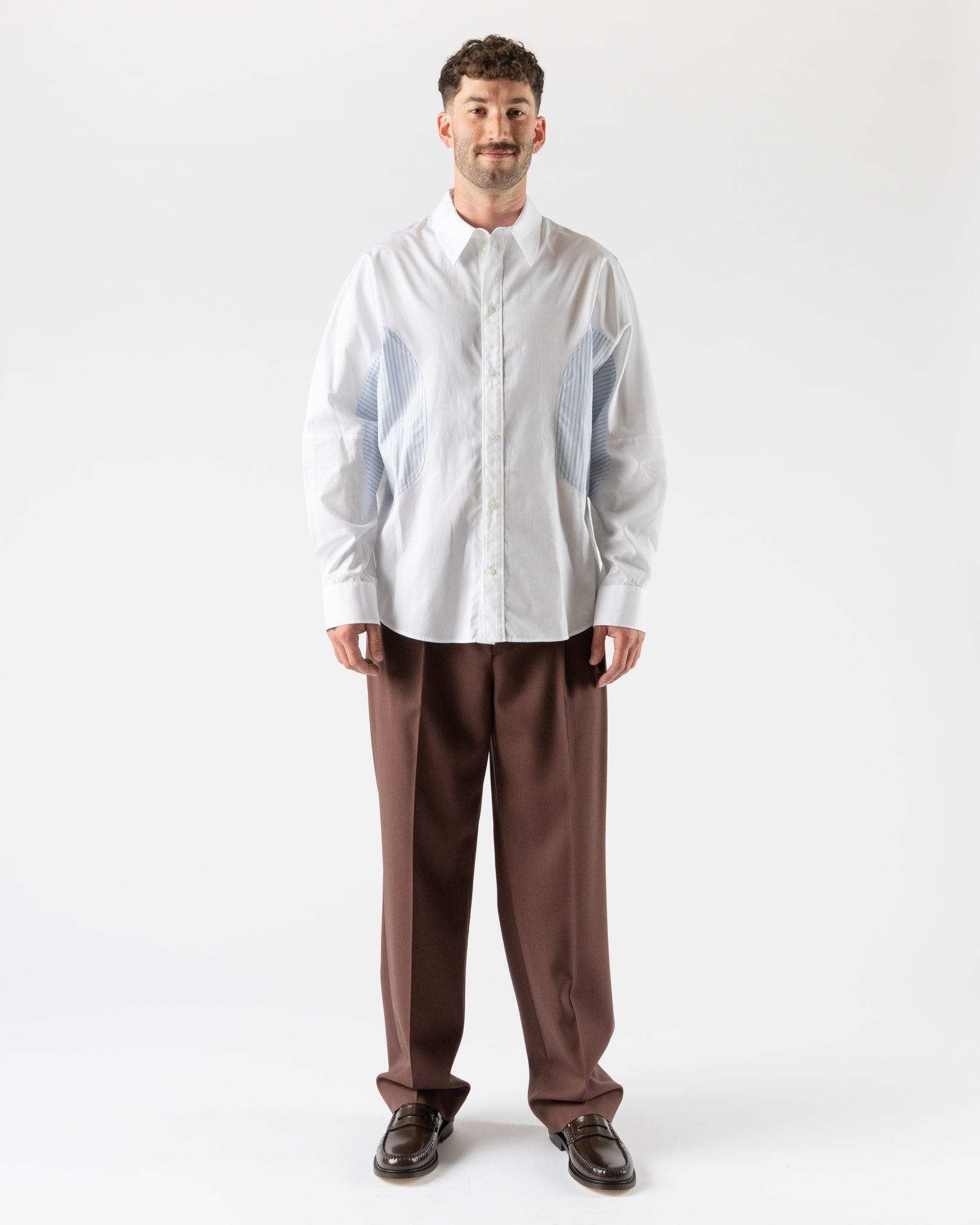 Simone Rocha Relaxed Patchwork Egg Shirt in White/Blue Stripe