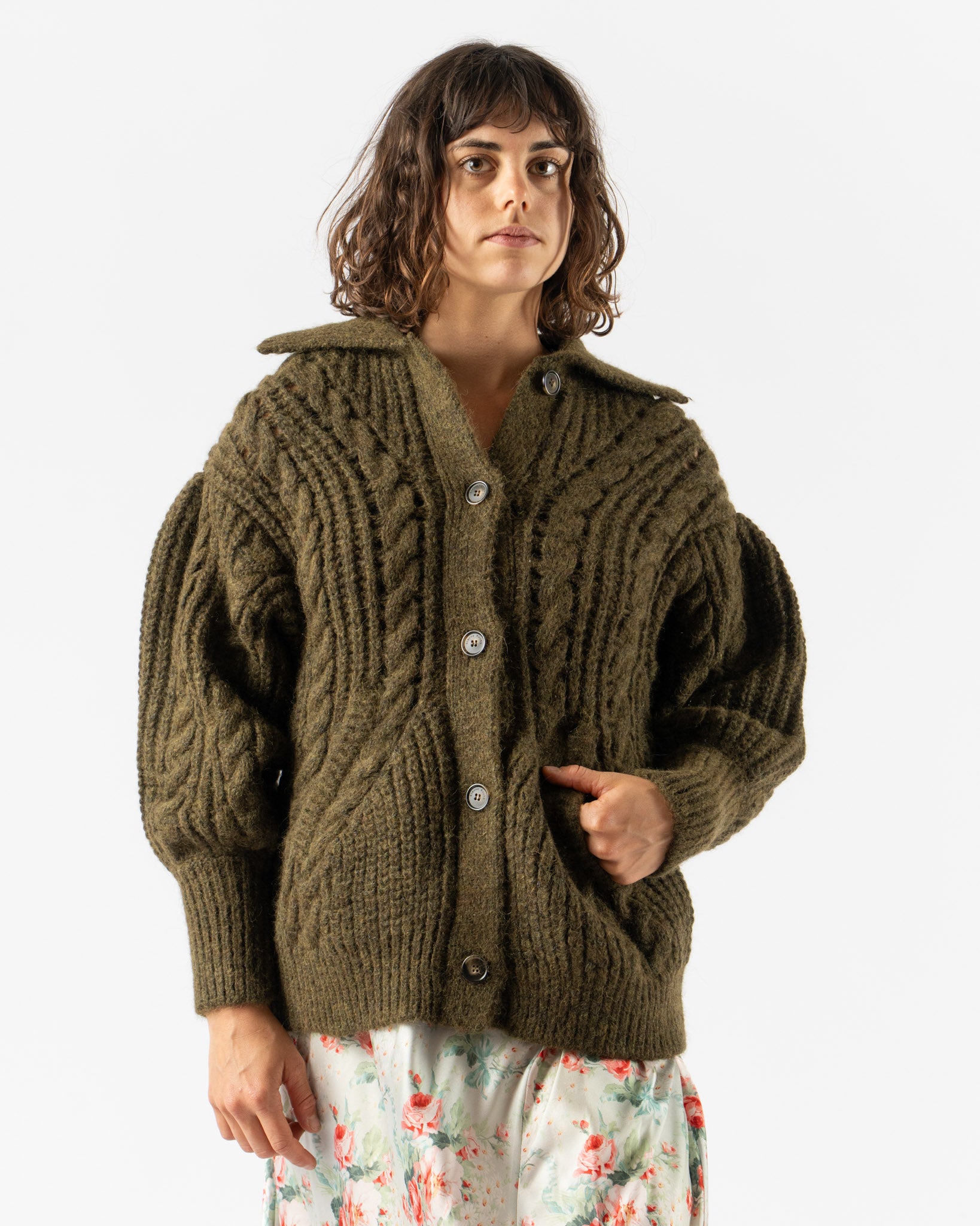 Simone Rocha Sculpted Collared Chunky Knit Cardigan in Olive