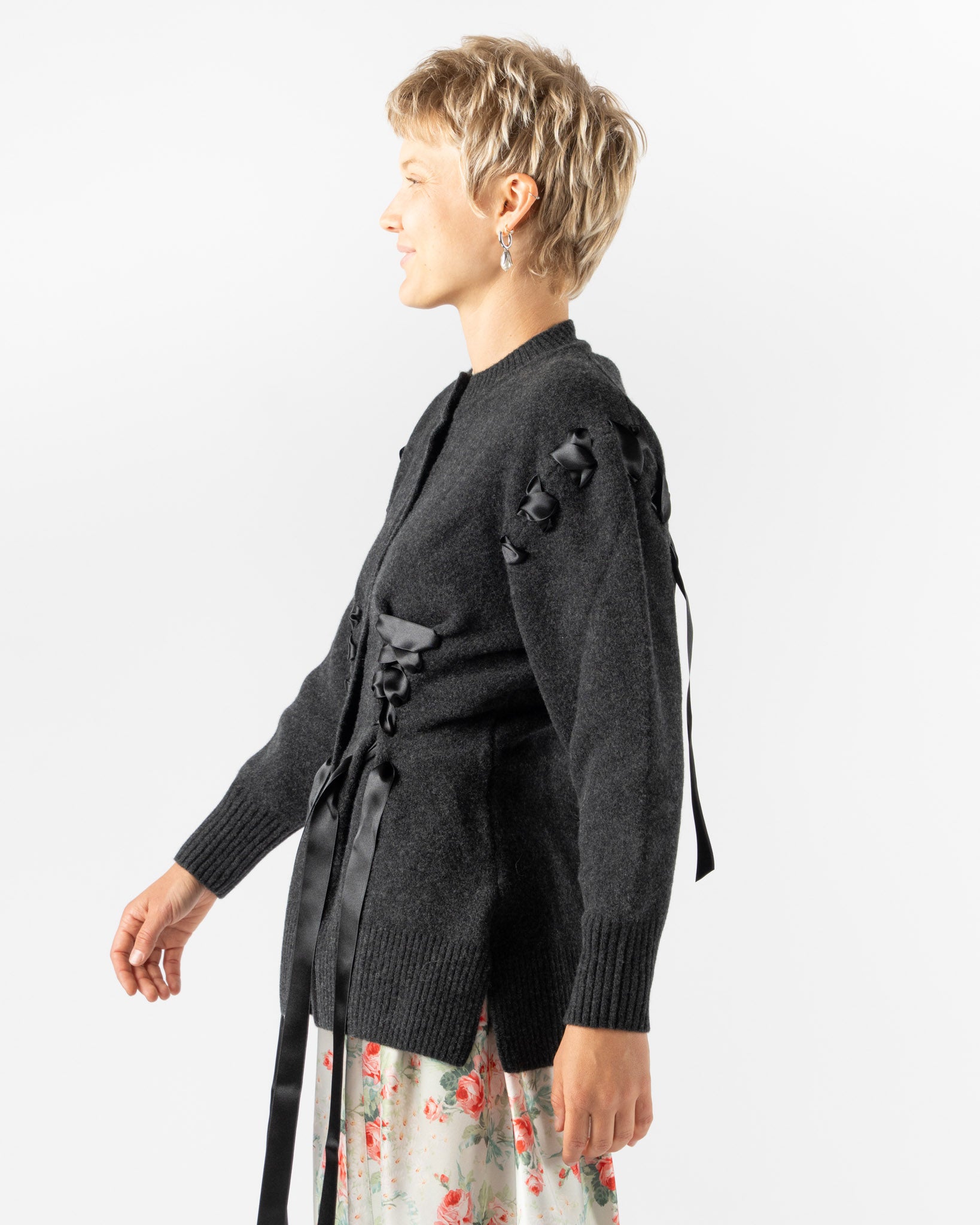 Simone Rocha Sculpted Ribbon Corset Detail Cardigan in Charcoal