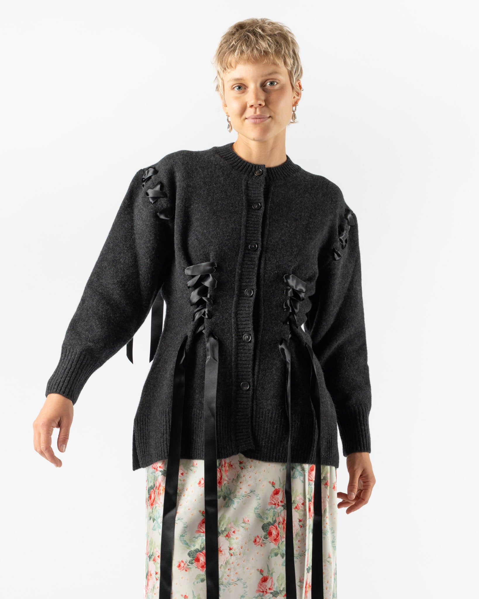 Simone Rocha Sculpted Ribbon Corset Detail Cardigan in Charcoal