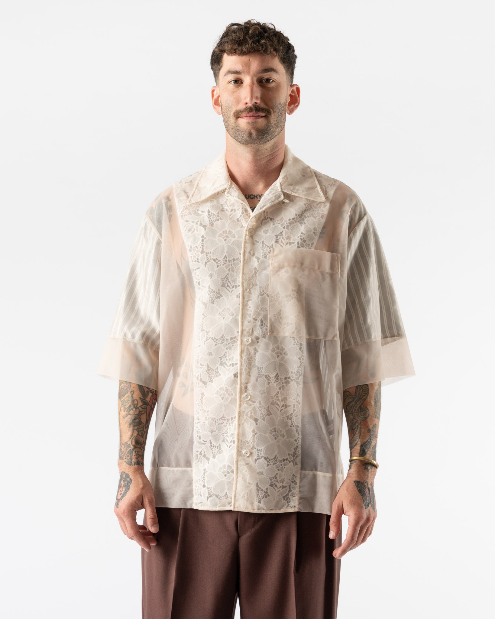 Simone Rocha Trapped Lace Patchwork Boxy Shirt in Nude/White