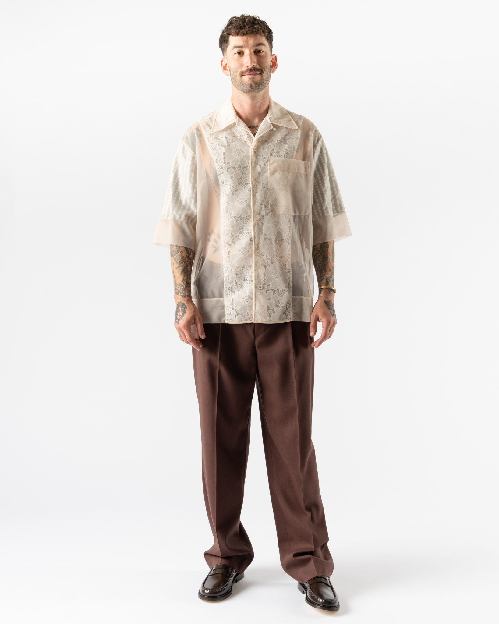 Simone Rocha Trapped Lace Patchwork Boxy Shirt in Nude/White