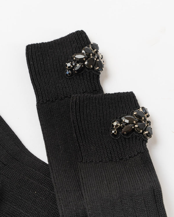 Simone Rocha Flower Crystal Emblem Knee High Sock in Black/Jet