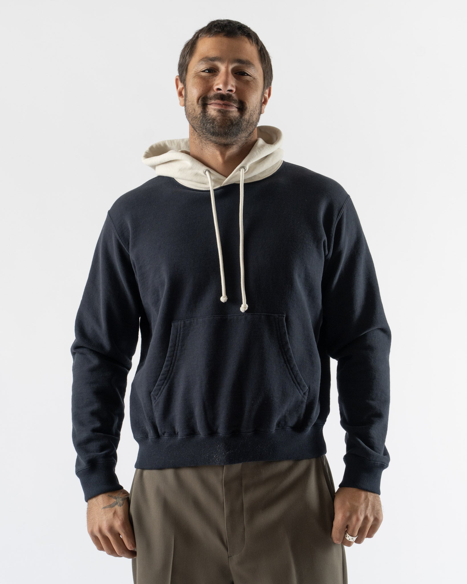 Auralee Smooth Soft BD Sweat P/O Parka in Dark Navy x White