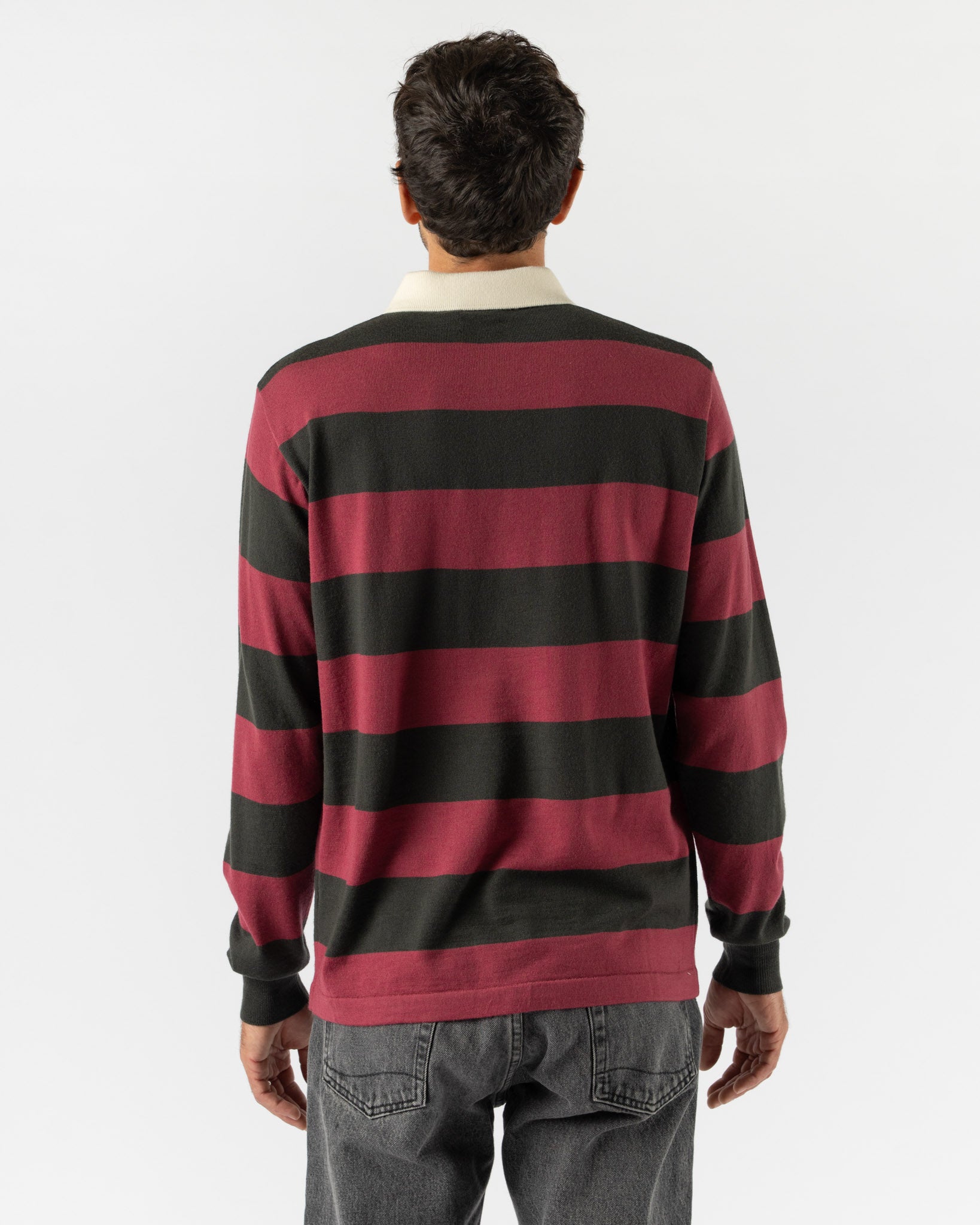 Drake's Block Stripe Knitted Rugby Shirt in Olive & Pink