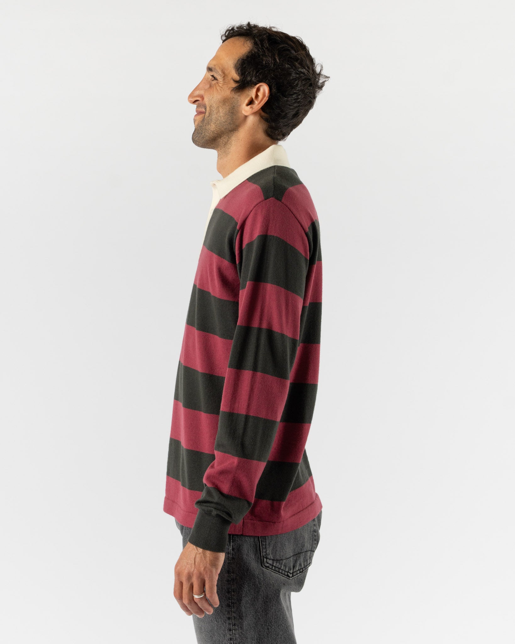 Drake's Block Stripe Knitted Rugby Shirt in Olive & Pink