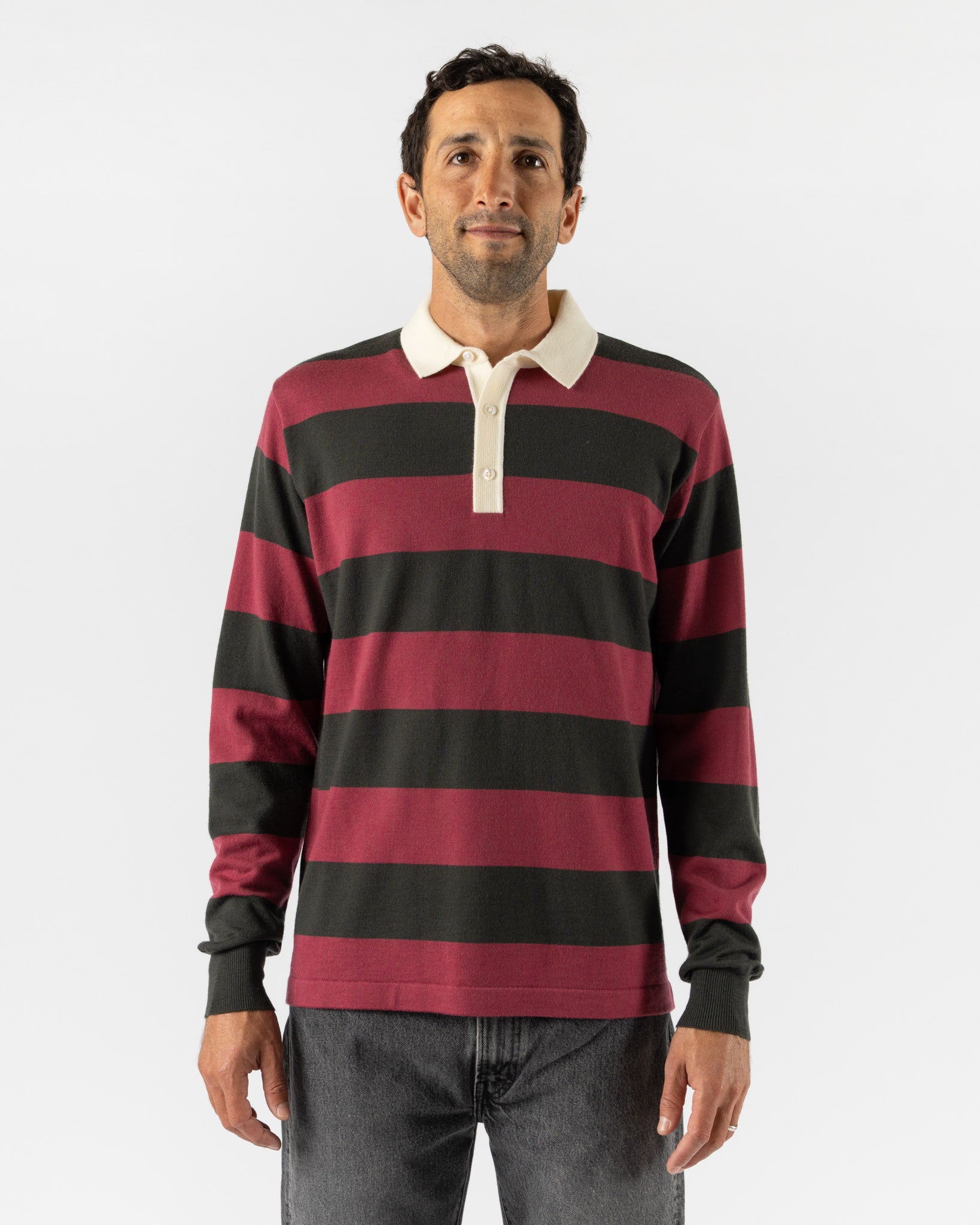 Drake's Block Stripe Knitted Rugby Shirt in Olive & Pink