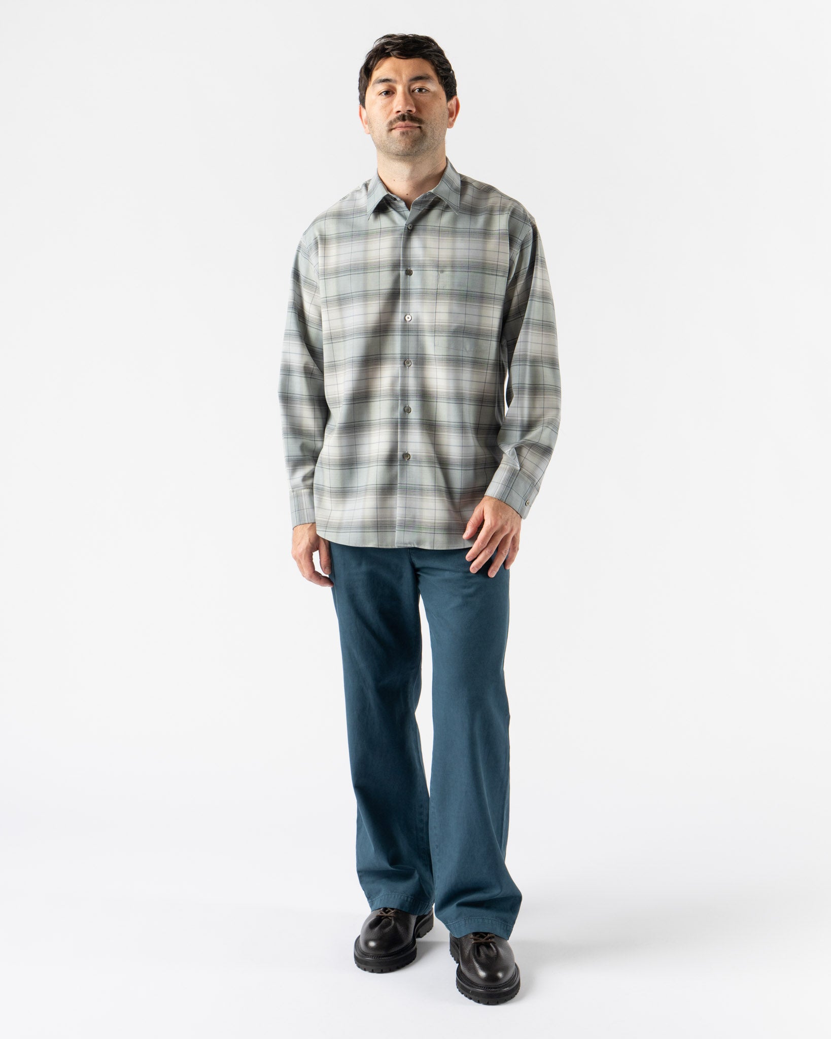 Auralee Super Light Wool Check Shirt in Blue Green Check