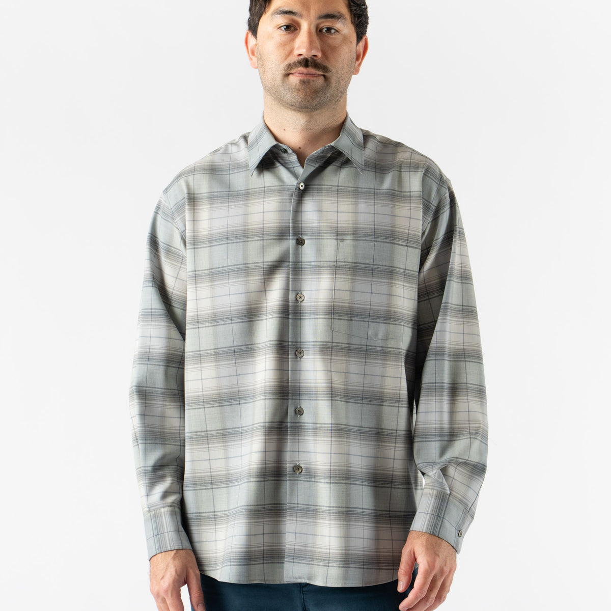 Auralee Super Light Wool Check Shirt in Blue Green Check Curated 