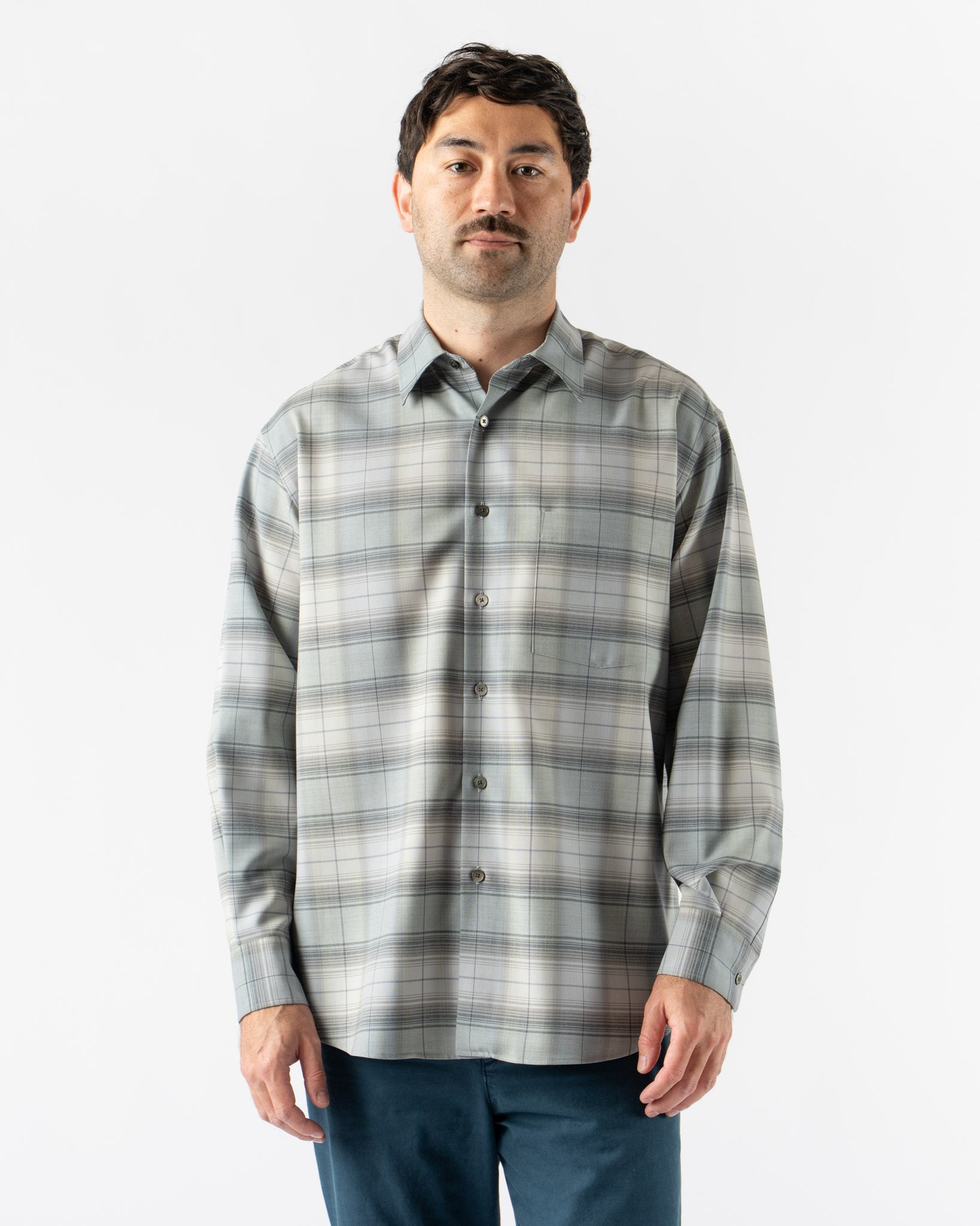 Auralee Super Light Wool Check Shirt in Blue Green Check