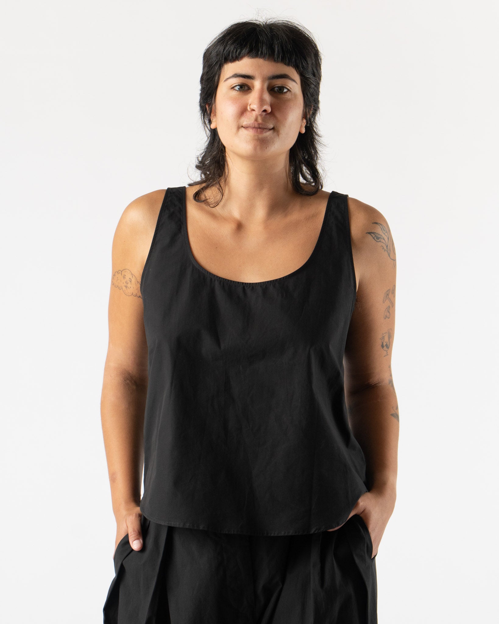Modern Weaving Tank Top in Black Parchment Poplin