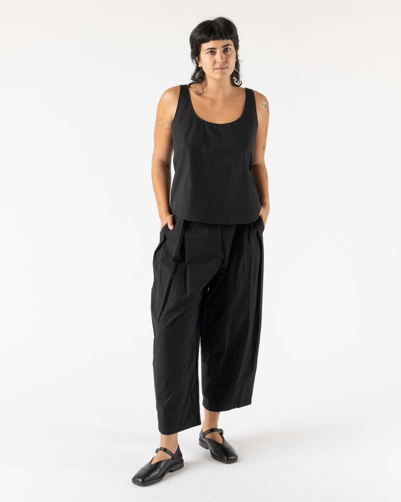 Modern Weaving Tank Top in Black Parchment Poplin