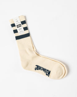 Jungmaven Town and Country Crew Socks in Navy Stripes on White