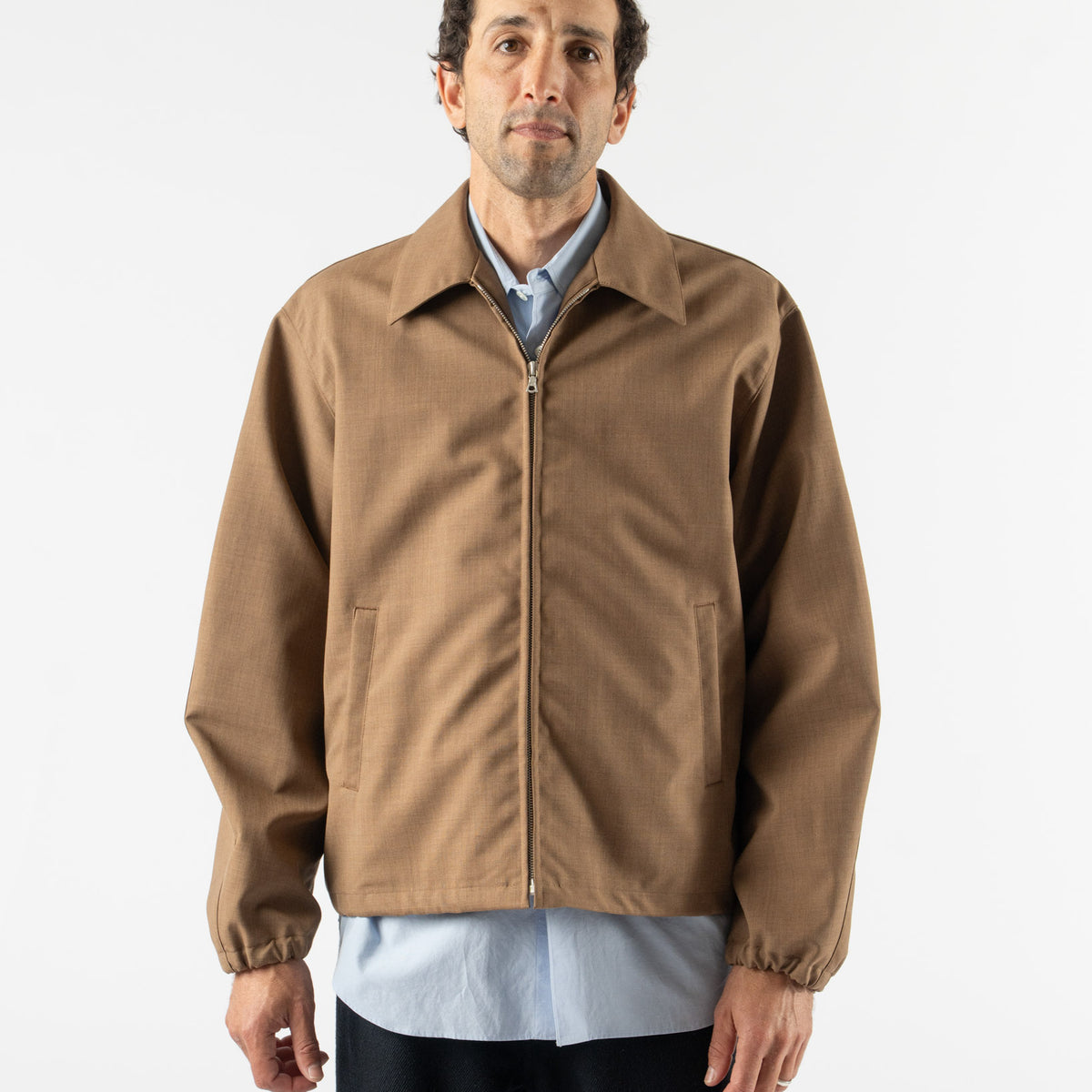 Auralee Bonded Tropical Wool Zip Blouson in Top Brown Curated at 