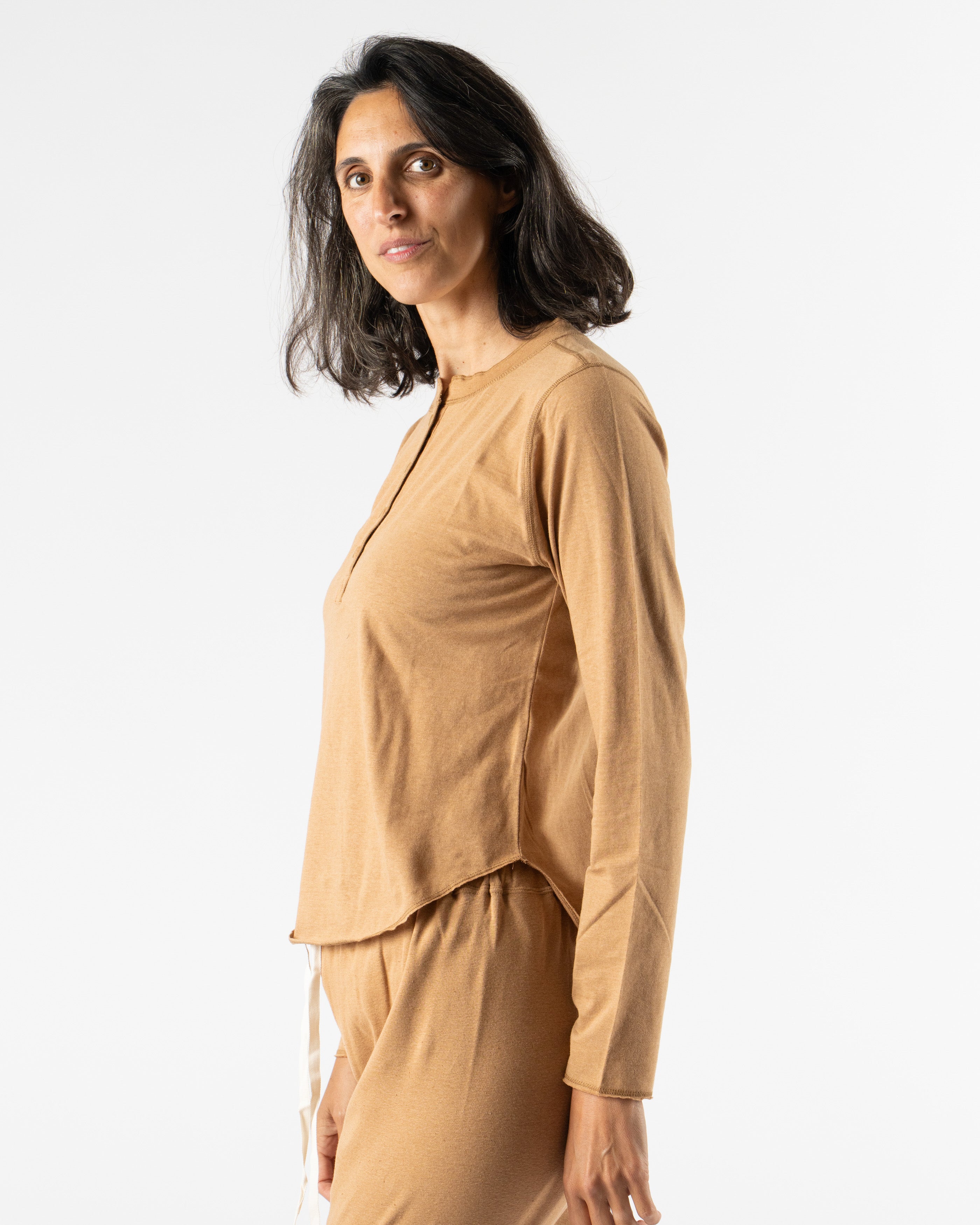 Ichi Antiquités Undyed Henley Shirt in Camel